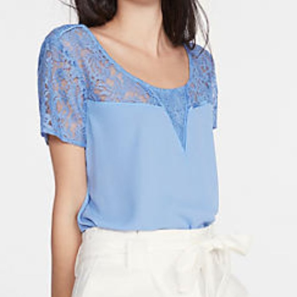 NEW Express Lace Step Hem Crew Neck Top Small Blue